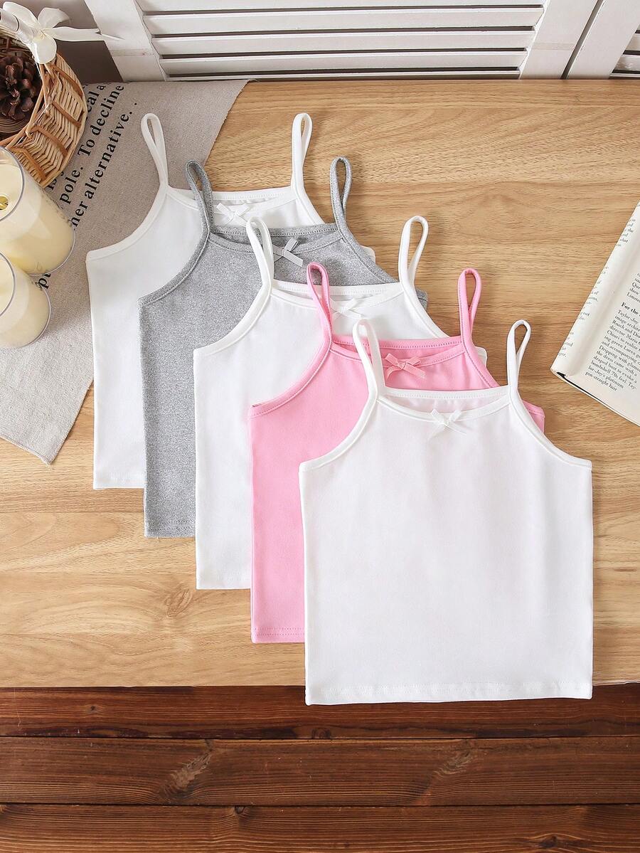 SHEIN Genkimix Kids 5件裝白色牛奶絲面料簡約蝴蝶結細肩帶背心,女童休閒舒適針織內搭上衣,可當外穿上衣 - 彩色 - 查看 1
