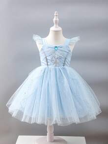 SHEIN Glamorique Kids 女孩公主洋裝，細肩帶搭配荷葉袖，藍色薄紗公主長裙，亮片薄紗，舞會禮服，優雅正式洋裝，畢業禮服，夏季洋裝 - 藍色 - 查看 4