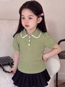 Elladie kids 年轻女孩优雅泡泡袖圆领短袖 T 恤，时尚别致的设计，夏季 - 綠色 - 查看 1