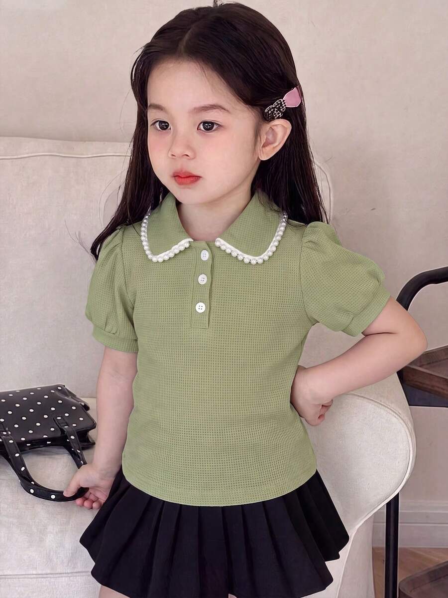Elladie kids 年轻女孩优雅泡泡袖圆领短袖 T 恤,时尚别致的设计,夏季 - 綠色 - 查看 1