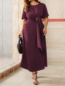 Roveilla Plus Size Women's Spring Autumn Winter French Romantic Sicilian Elegant Casual Commute Vacation Afternoon Tea Party Solid Color Round Neck Cross Tie Metal Buckle Cinched Waist A-Line Long Sleeve Bell Sleeve Maxi Dress - Red Violet - View 5