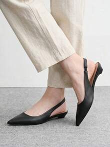 CUCCOO BIZCHIC Light Plate Solid Color Small Slope Heel Low Heel High Class Elegant Black Rough Pattern PU Women Flat Shoes Dew Heel Commuter Dating Daily Fall Shoes - Black - View 4