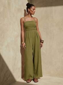 Zivah Women Olive Green Summer Casual Vacation Holiday Jumpsuit, Spaghetti Strap Front Ruched Real Pockets Loose Wide Leg Pants, Vertical Texture Fabric - Army Green - View 3