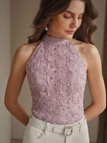 Anewsta Rundhals ärmelloses Tanktop, strukturierter Stoff, figurbetontes elegantes Damenoberteil für Party, Sommerurlaub - Violett - Übersicht 4
