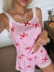 CottageSlumber Pink Pajamas Women's Pink & White Striped Bow Fine Ribbed Silk Lace Cami Short Sleeve Set - Pink - View 4