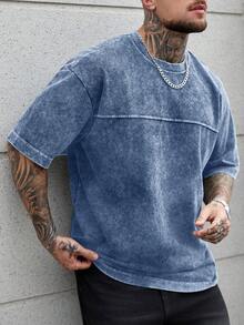 SLATEMANN 男士大尺碼夏季休閒水洗短袖T恤 - 藍色 - 查看 4