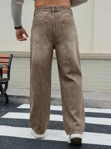 DAZY Autumn Slanted Waist Design Button Blue Washed Distressed Men's Jeans - Khaki - View 2