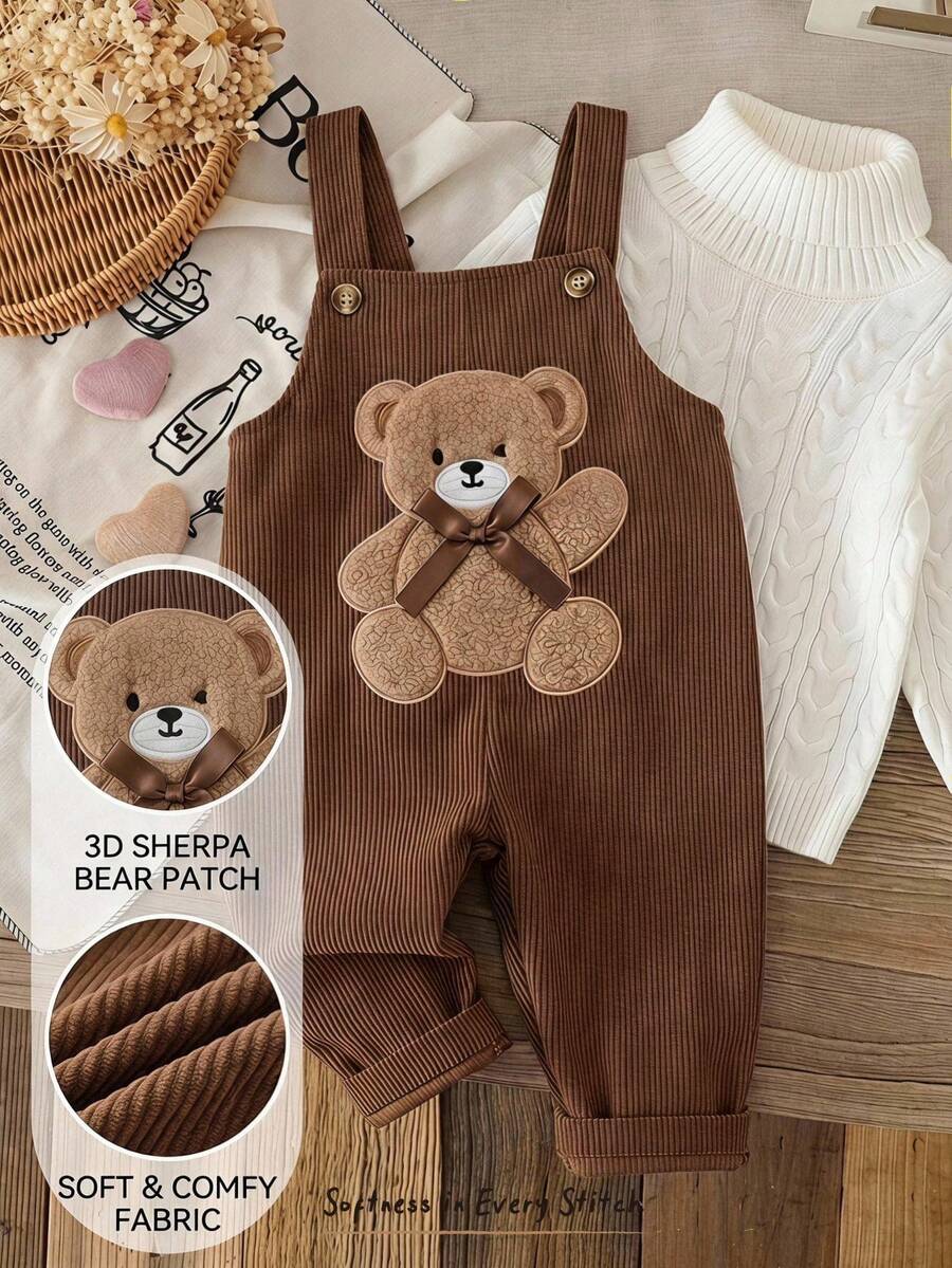 Cozy Pixies Baby Girl 3D Cartoon Bear Pattern Sweet Cute 3D Bow 3D Plush Bear Pattern Overall Jumpsuit Versatile Comfortable - Brown - View 1