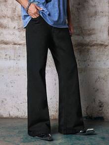 Skyrend Mens Black Flared Denim Jeans, Slim Fit Washed Cargo Pants With Pockets, Gothic Punk Emo Urban Streetwear Winter Jeans - Black - View 5
