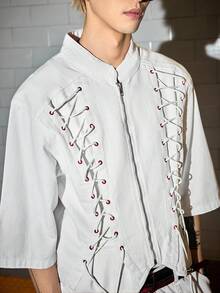 ROMWE MEN Casual 男士系带牛仔夹克，男团风格 - 白色 - 查看 6