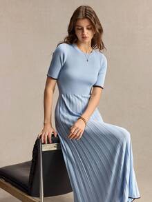 BizChic Women's Short Sleeve Long Knit Dress In Light Blue, French Elegant Party Office Work Brunch Style For Fall, Halloween, Back To School, Church - Blue - View 8