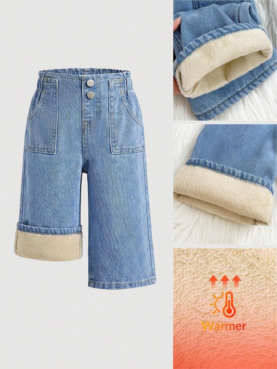 SHEIN 女嬰秋冬深藍色牛仔刷毛內裡寬鬆長褲 - 中等水洗藍 - 查看 1