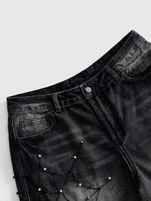 ROMWE MEN Men's Spider Web Pearl Rivet Loose Denim Shorts - Black - View 4