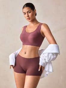 Veilyse Women's Nude Wireless Bra, Thin Fabric, Lift & Support For Large Bust, Removable Pads, Seamless, Comfortable, Elastic, Wide Strap, U-Shaped Sports Bra - Coffee Brown - View 9