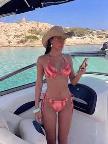 Swim Mod 条纹挂脖系带两件式比基尼泳衣游艇套装女士服装女士度假套装女士比基尼女士度假套装斑马纹泳衣挂脖比基尼斑马纹比基尼套装条纹比基尼套装条纹泳衣 - 彩色 - 查看 5