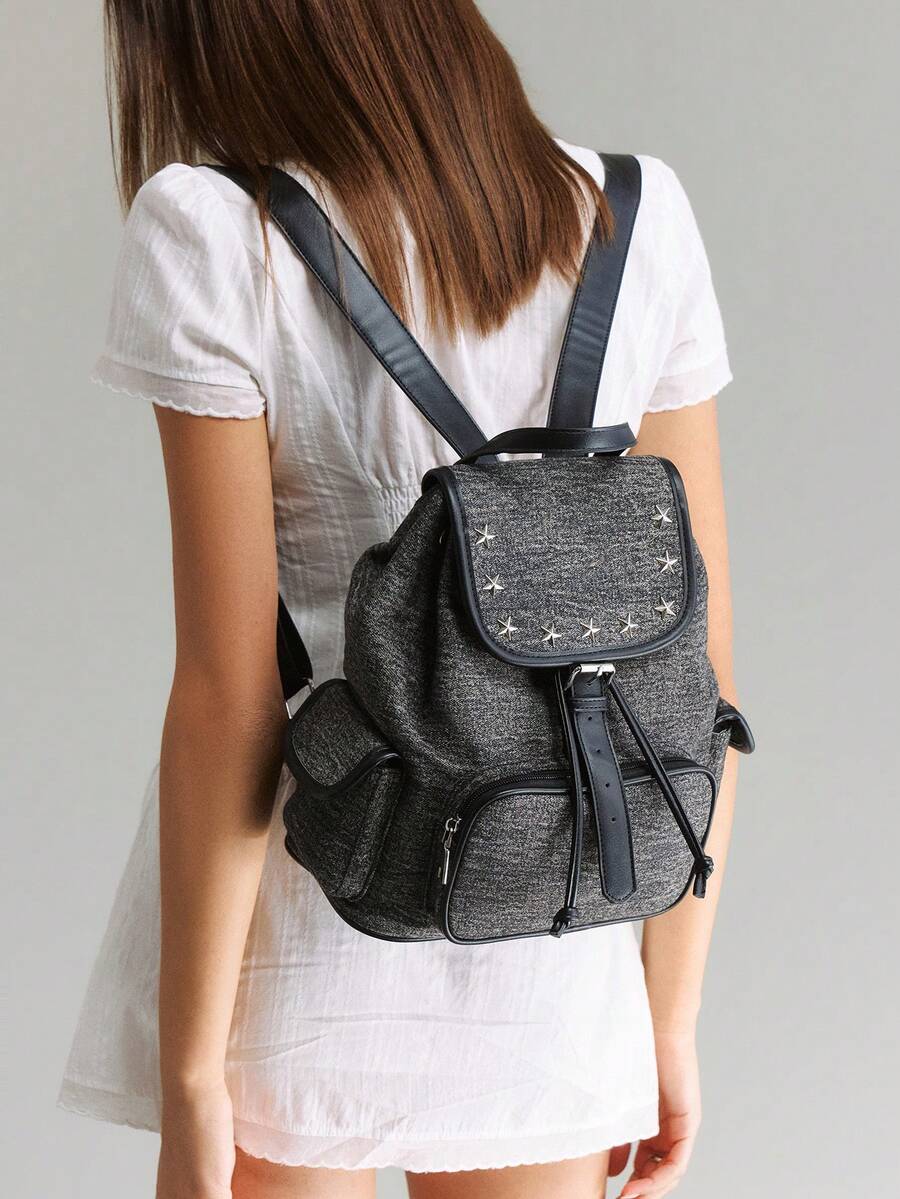 Viva Strut Women's Backpack, Y2K Street Style, Hot Girl Style, Sweet Cool Girl, Fashion Backpack With Star Hardware, Suitable For Commuting, Daily, School, Shopping, Party - Black - View 1