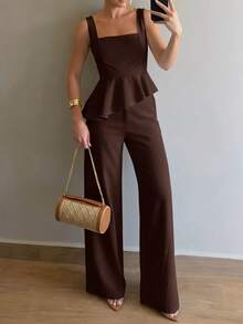 Firerie Spring/Summer Elegant Minimalist Daily Fashion Modern Commuter Fitted Women's Set, Dark Brown Solid Color Textured Fabric Sleeveless Tank Top Set - Brown - View 1