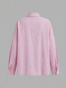 SHEIN LUNE 女款休閒粉色與白色條紋白襯衫及長褲三件套，秋季服裝，套裝，適合工作、早午餐、度假、旅行穿著 - 粉色 - 查看 9