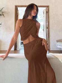 Cloudara Chic Simplicity: Round Neck Draped Crop Top And Matching Bottoms Set - Brown - View 5