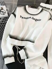 Resyla Setelan Sweatshirt Wanita Minimalis Kasual Musim Semi/Gugur dengan Warna Gradien, Pakaian Olahraga Kasual Dua Potong dengan Celana Lebar - Putih - View 3