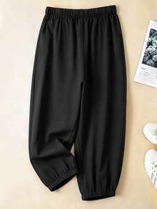 Linhara Loose Fit Cropped Length Casual Pants With Drawstring Waist, Side Pockets And Wooden Button Hem Decor, Plus Size Fall - Black - View 2