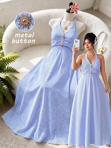 SHEIN Clasi Plus Size Summer Light Blue Backless Halter Dress Tea Party Vacation Brunch Elegant Beach Festival - Multicolor - View 1