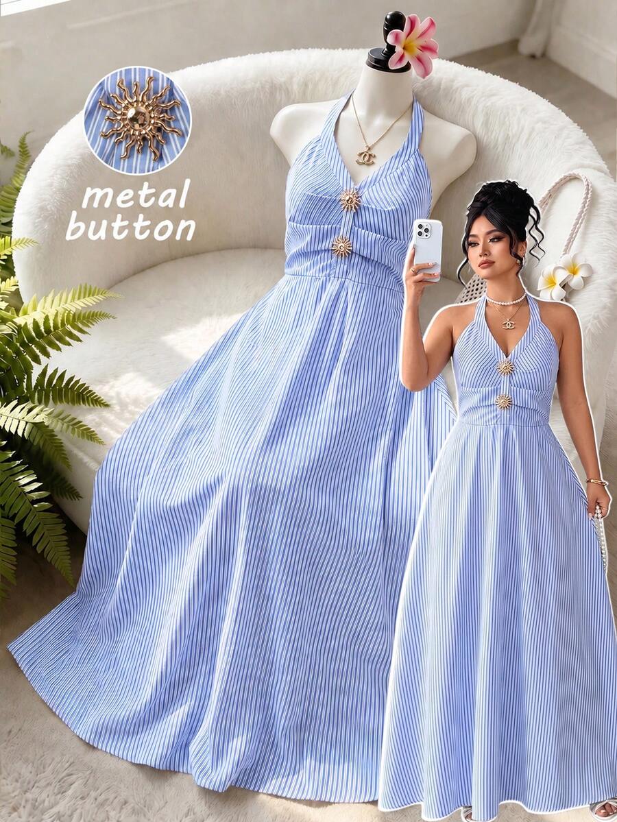 SHEIN Clasi Plus Size Summer Light Blue Backless Halter Dress Tea Party Vacation Brunch Elegant Beach Festival - Multicolor - View 1