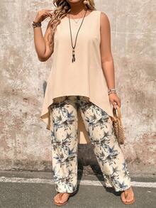 EMERY ROSE Plus Size Solid Color Front Short Back Long Sleeveless Top And Wide Leg Floral Print Pants 2-Piece Set - Apricot - View 4
