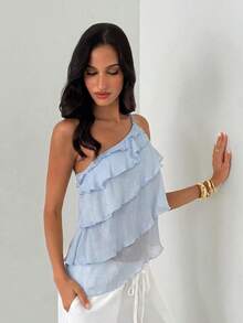 Aloruh Women's Solid Color Ruffle One Shoulder Sleeveless Blouse - Baby Blue - View 4