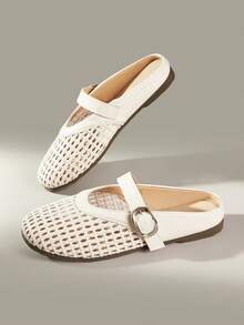 Solecia Zapatillas tipo mule de verano, transpirables, de tejido calado, punta redonda, suela plana, estilo retro casual, para ir al trabajo, compras y uso diario - Beis - Ver 6