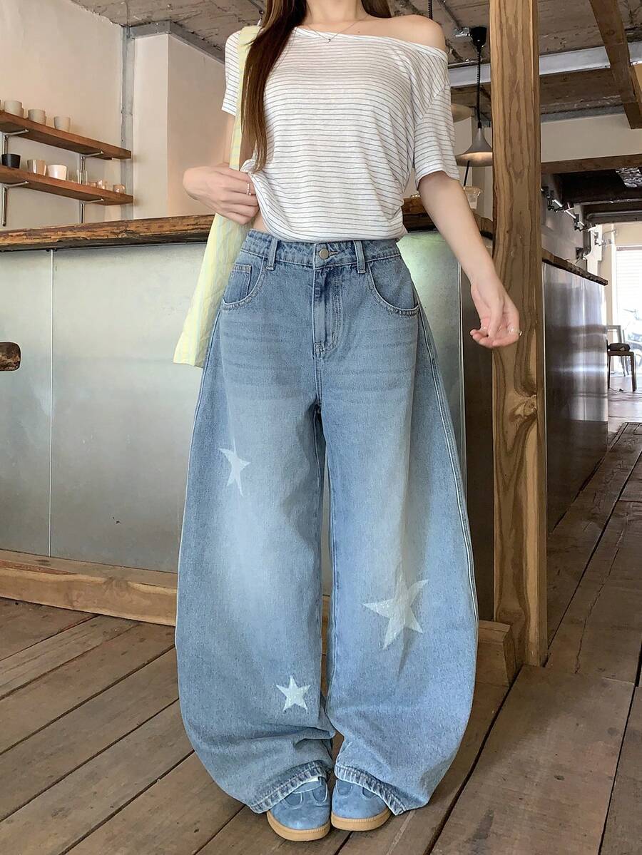DAZY Women's Casual Street Washed Star Curved Leg Jeans Summer Everyday Going Out Light Blue - Blue - View 1