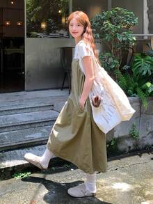DAZY Women's Solid Color Casual Daily Wear Midi Strap Dress - Apricot - View 10