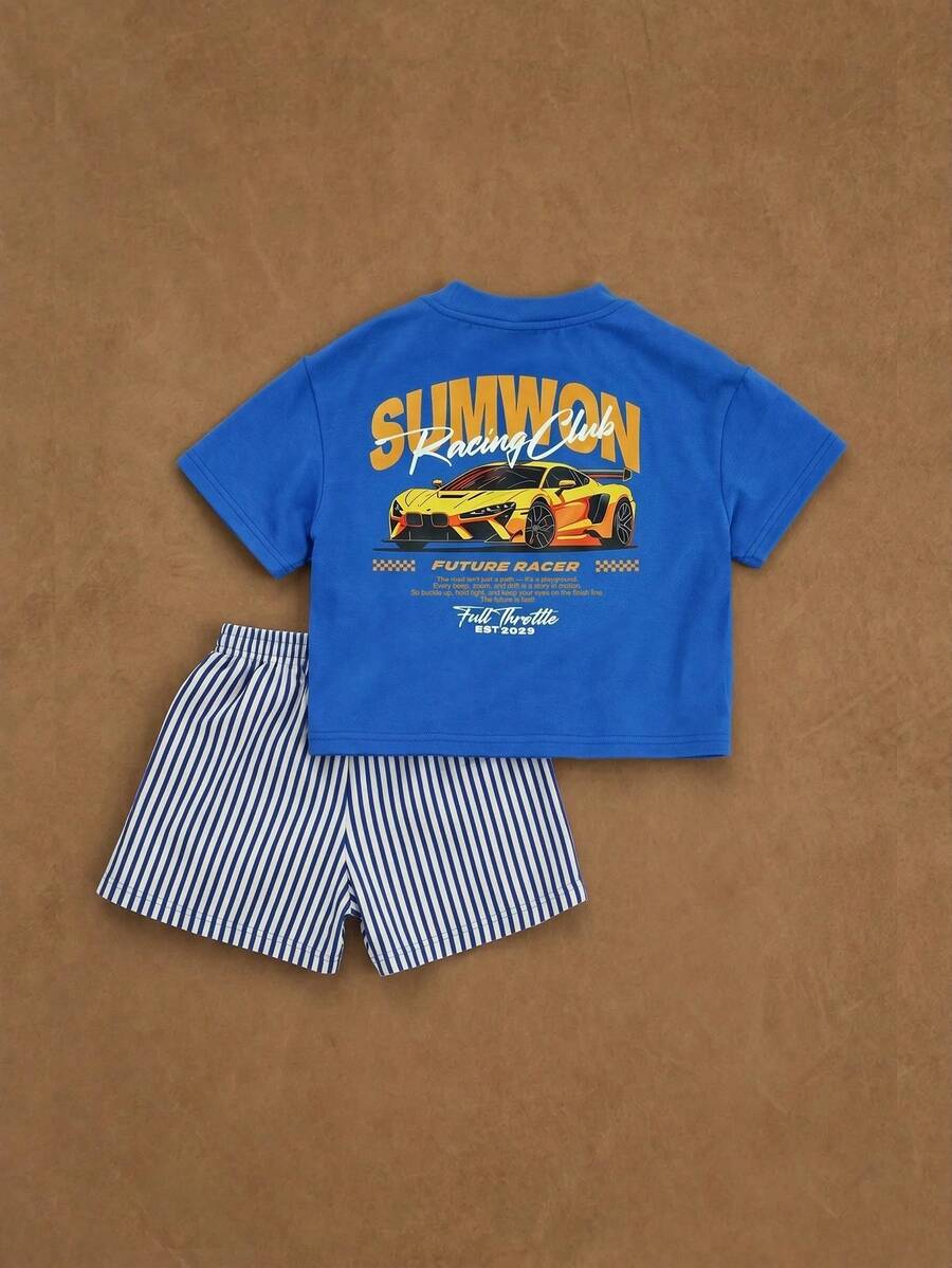 SUMWON 男童賽車圖案套裝 短袖T恤與條紋短褲 夏季休閒穿搭 - 藍色 - 查看 1