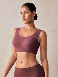 Veilyse Women's Nude Wireless Bra, Thin Fabric, Lift & Support For Large Bust, Removable Pads, Seamless, Comfortable, Elastic, Wide Strap, U-Shaped Sports Bra - Coffee Brown - View 7