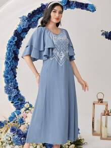 Al Najma 女士幾何刺繡拼接荷葉邊連衣裙 - 霧霾藍 - 查看 4