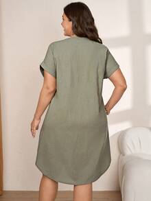 Comfylo Plus Size Casual Solid Color Front Button Dress Gym Brown - Army Green - View 2