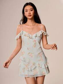 Willow Rêve Women's Light Green Spaghetti Strap Ruffle Cinched Waist Mini Dress, Romantic Vacation Style, Valentine's Day, Boho Style, Pastoral Style, Travel - Green - View 5