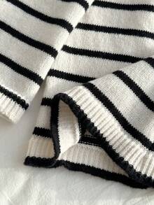 SHEIN Tween Girls Sweaters Pants Autumn/Winter Knit Pants Comfortable For Autumn/Winter Season Black/Apricot/Contrast Color Long Flare Pants Fashionable Minimalist Versatile Chic Suitable For Daily Wear/School/Travel - Black and White - View 5