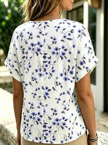 Linhara CURVE Plus Size Woven Casual Resort Daily V-Neck Short-Sleeved Summer Women's Shirt - Blue - View 2