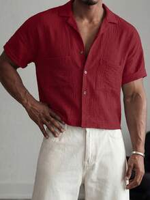 Manfinity VCAY Men's Khaki Short-Sleeve Button-Up Shirt. Relaxed Fit, Classic Collar, Chest Pockets. Versatile For Beach Vacations & - Burgundy - View 5
