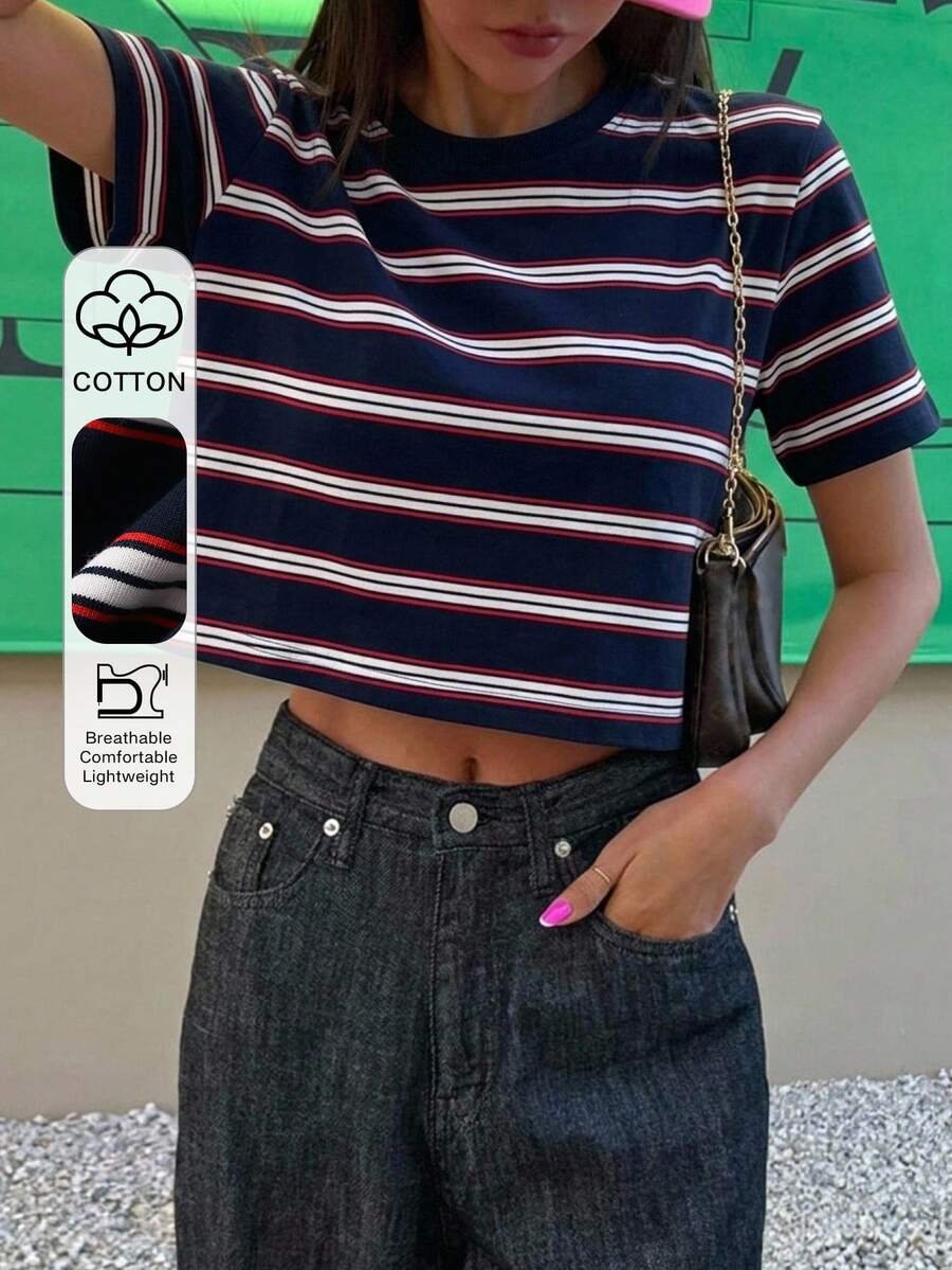 DAZY 女款圓領條紋短版寬鬆短袖圖案印花T恤 夏季 - 藏蓝色 - 查看 1