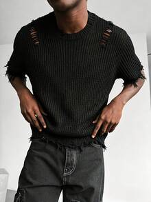 Manfinity EMRG Top de punto con efecto desgastado y borde crudo para uso diario de moda para hombres - Negro - Ver 5