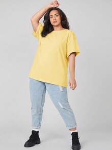 SHEIN BASICS 大尺碼落肩素色T恤女款夏季上衣，夏季穿搭 - 鵝黃色 - View 5