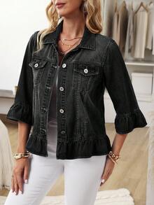 EMERY ROSE Plus Size Casual Washed Denim Jacket With Ruffle Trim - Black - View 6
