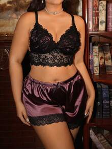Divavoom Plus Size Women's Classic Sexy Lace Trim Colorblock Satin Top + Pants 2-Piece Set - Multicolor - View 3