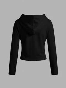 SHEIN Jaket Anak Perempuan Remaja Kasual Olahraga Warna Polos Slim Fit Jaket Berkerudung Depan Terbuka 2pcs - Hitam dan Putih - View 4