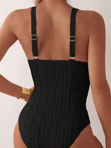 SHEIN Swim Summer Women's Solid Color Sleeveless V-Neck Slim Fit One Piece Swimsuit - Black - View 2