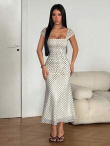 SHEIN PETITE Women's Summer Mesh Polka Dot Long Mermaid Hem Dress Date Night White With Black Polka Dots Sexy - Apricot - View 6