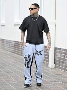 Devon Thys 男士 Y2K 休闲拼色字母和星星印花灰色抽绳腰部运动裤，男友礼物，圣诞礼物，街头潮流长款宽松喇叭形拼色运动裤，适合老公，适合狂欢 - 灰色 - 查看 1
