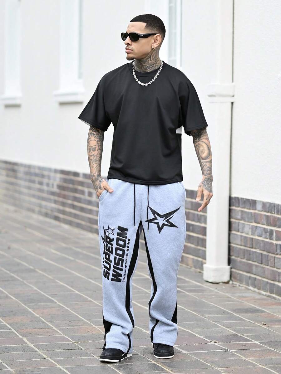 Devon Thys 男士 Y2K 休闲拼色字母和星星印花灰色抽绳腰部运动裤,男友礼物,圣诞礼物,街头潮流长款宽松喇叭形拼色运动裤,适合老公,适合狂欢 - 灰色 - 查看 1